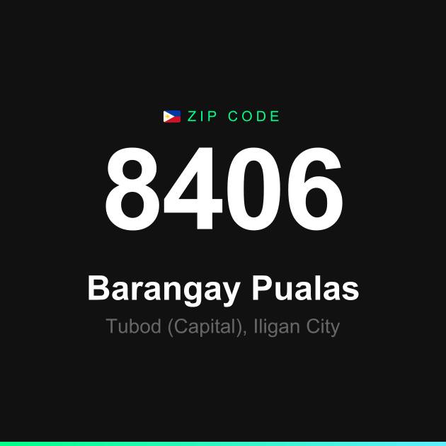 Shareable ZIP code 8406 card for Barangay Pualas