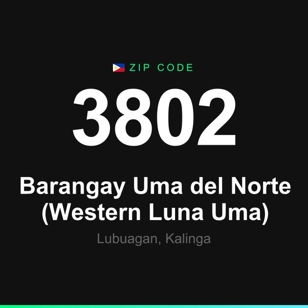 Shareable ZIP code 3802 card for Barangay Uma del Norte (Western Luna Uma)