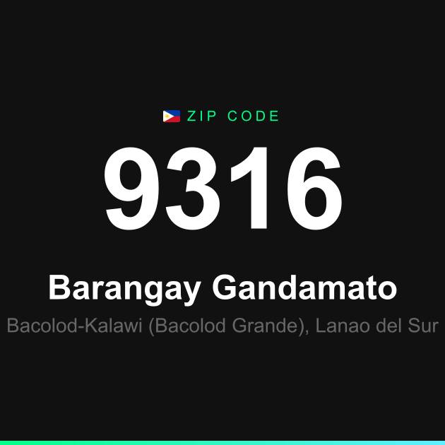 Shareable ZIP code 9316 card for Barangay Gandamato