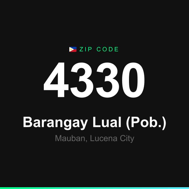 Shareable ZIP code 4330 card for Barangay Lual (Pob.)