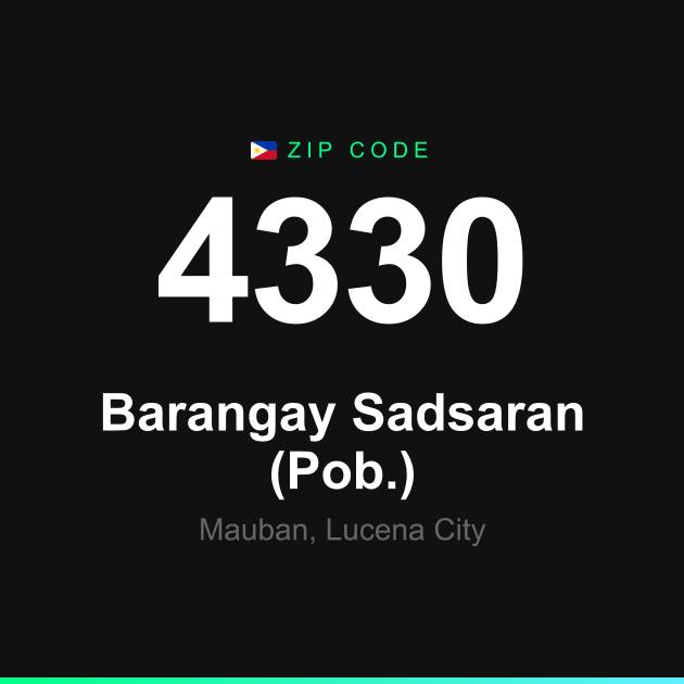 Shareable ZIP code 4330 card for Barangay Sadsaran (Pob.)