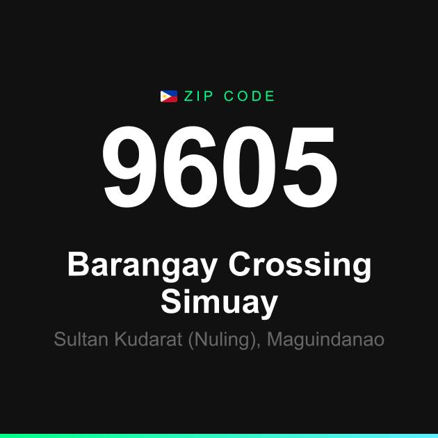Shareable ZIP code 9605 card for Barangay Crossing Simuay