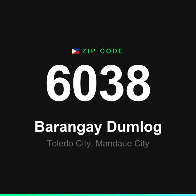 Shareable ZIP code 6038 card for Barangay Dumlog