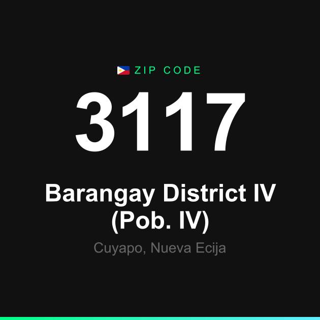 Shareable ZIP code 3117 card for Barangay District IV (Pob. IV)