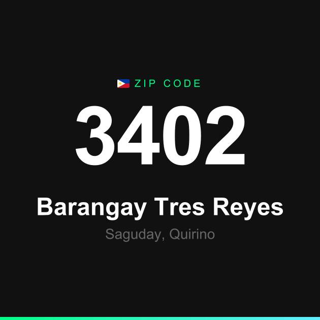Shareable ZIP code 3402 card for Barangay Tres Reyes